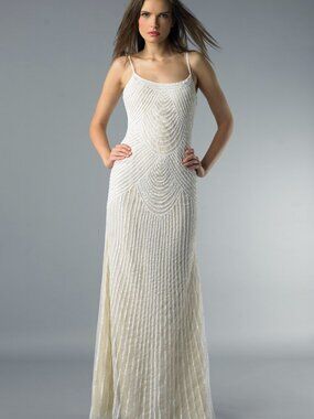 D6472LB Beaded Geometric Spaghetti Strap Gown - Ivory